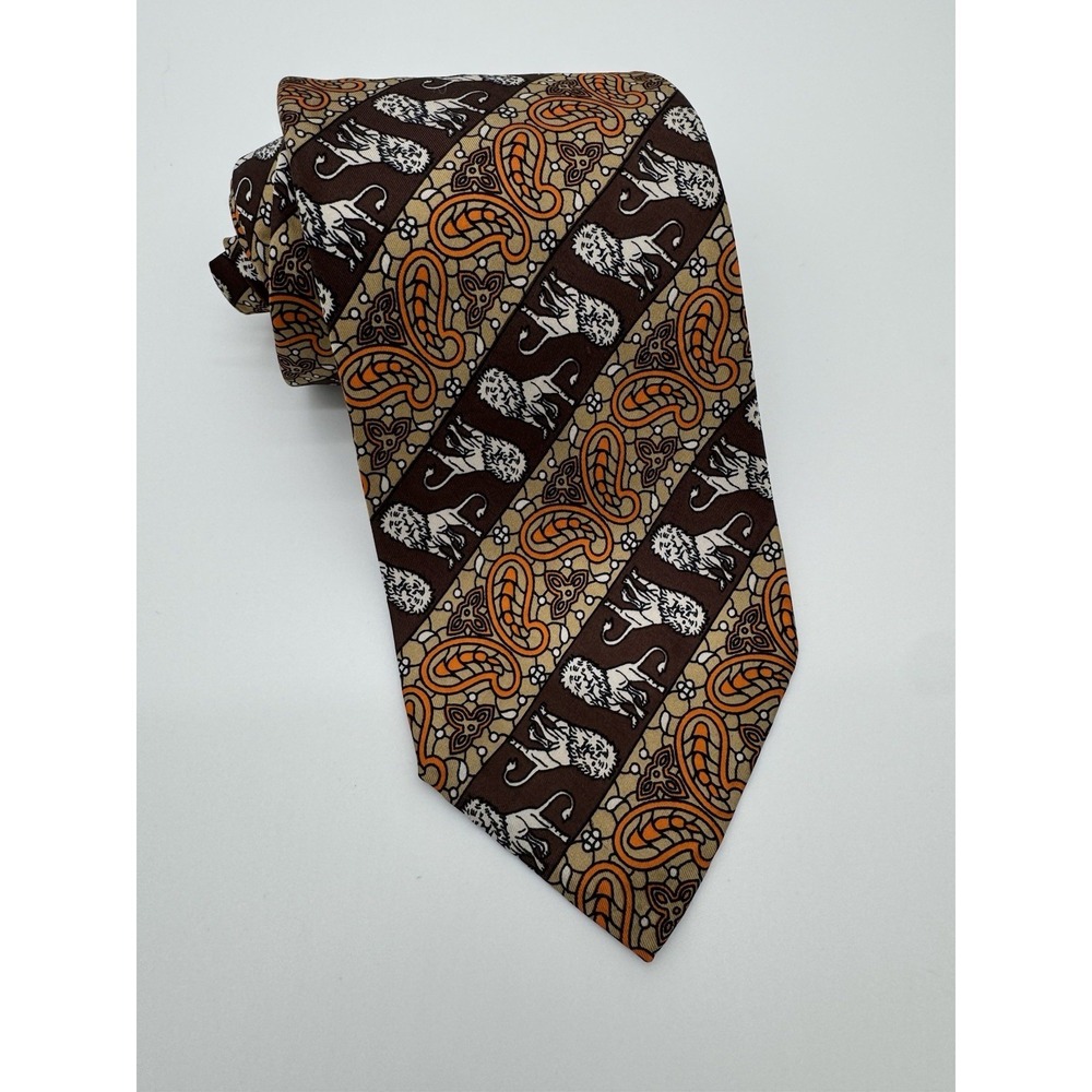 Pierre‎ Cardin Cuzeno Silk Tie Brown Orange Paisley Lion Print Classic Wide Tie